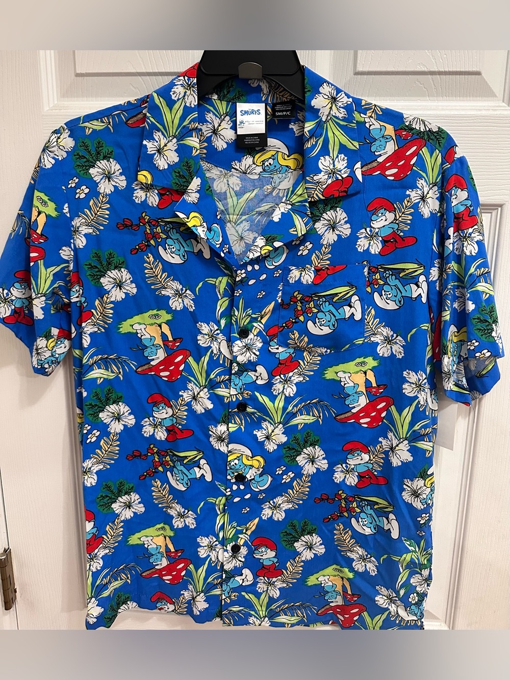 Smurfs Men's Tropical Pattern Button Front Graphic Shirt, Size S